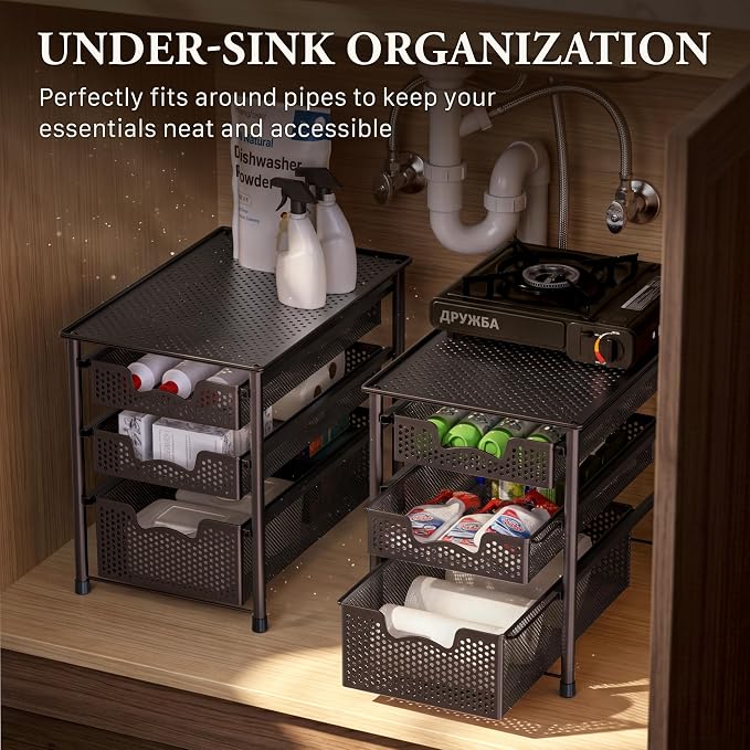Simple Houseware Stackable 3 Tier Sliding Basket Organizer Drawer, Bronze - Image 6