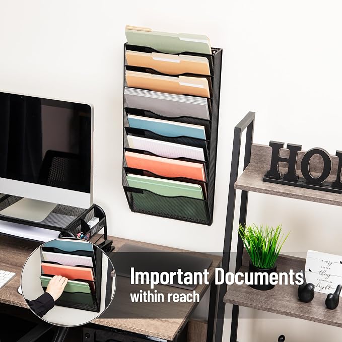 Mind Reader Wall File Organizer, 8 Pocket Hanging Document Rack, Office Wall Mount, Metal Mesh, Black - Image 6
