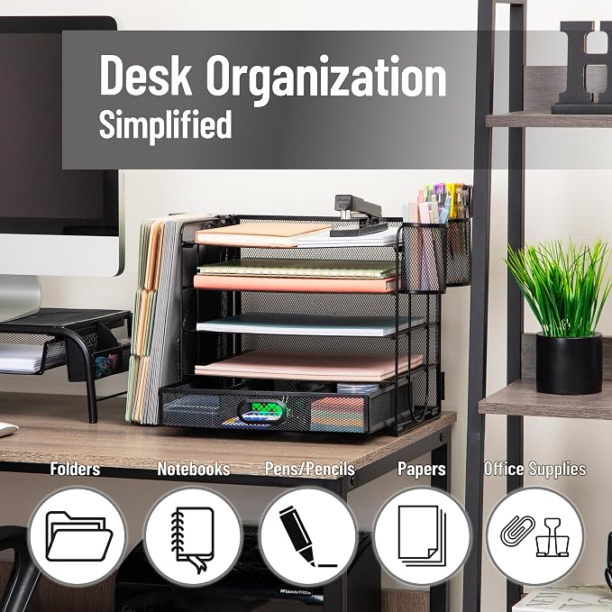 Mind Reader Mesh Desk Organizer, 4 Trays, 1 Drawer, File Holder, 2 Pen Cups, Office Desktop Organizer, Metal Mesh, Black - Image 2