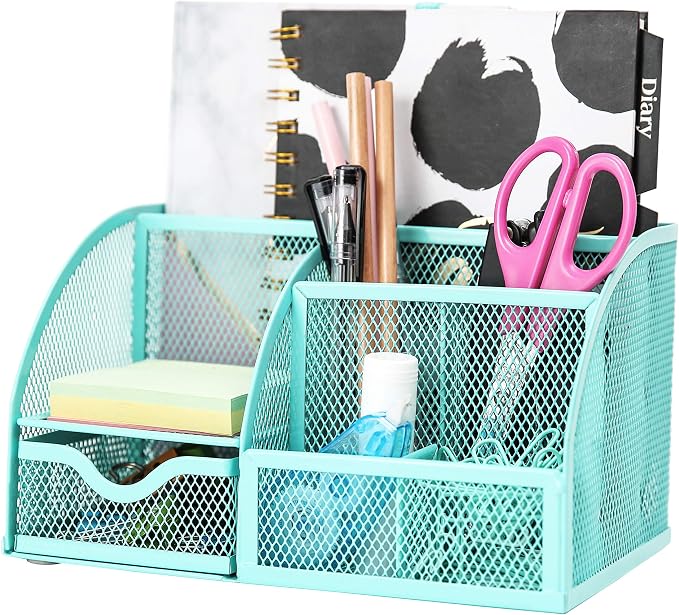 Exerz Desk Organizer 7 Compartments Metal Mesh Pen Holder Turquoise | Fresh Desktop Storage for Notes Clips Scissors Rulers Craft Tools Makeup Study Supplies and Home Use by Exerz