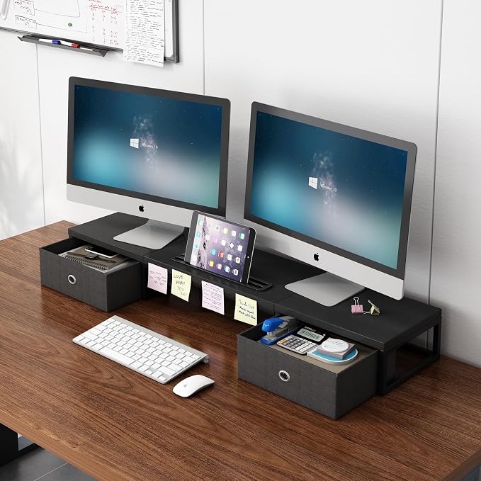 39 Inch Dual Monitor Stand Riser with 2 Drawers - Large Black Wooden Computer Stand for 2 Monitors, Ergonomic Desk Organizer with Phone Holder, Desktop Storage for Laptop, Office Supplies, Home Office - Image 8