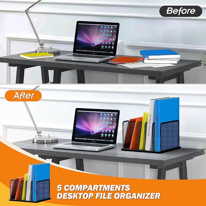 Kuntine.B Desk File Organizer Upright Mesh Desktop Organizer File Sorter Office Organization File Holder for Home, Office & Classroom (Black, 1 Pack 5-Section) - Image 4