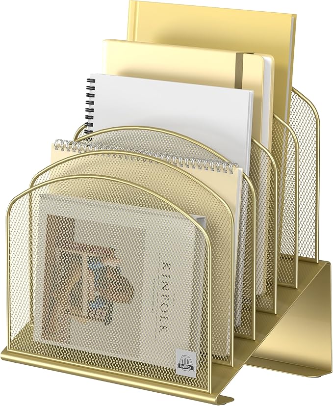 Delifox Inclined Desk File Organizer,Vertical File Folder Holder Stand Metal Rack File Sorter for Office Classroom Desktop Organization (1, Gold, 5) by Delifox