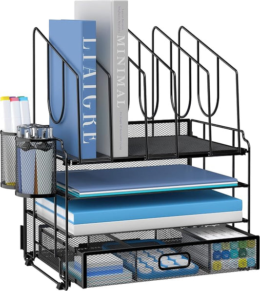 DALTACK 4-Tier Mesh Desk Organizer with Drawer, Desktop Organizer with 5 Vertical File Holders and 2 Pen Holders, File Organizer for Desk, Multifunction Office Desk Accessories, Black by DALTACK