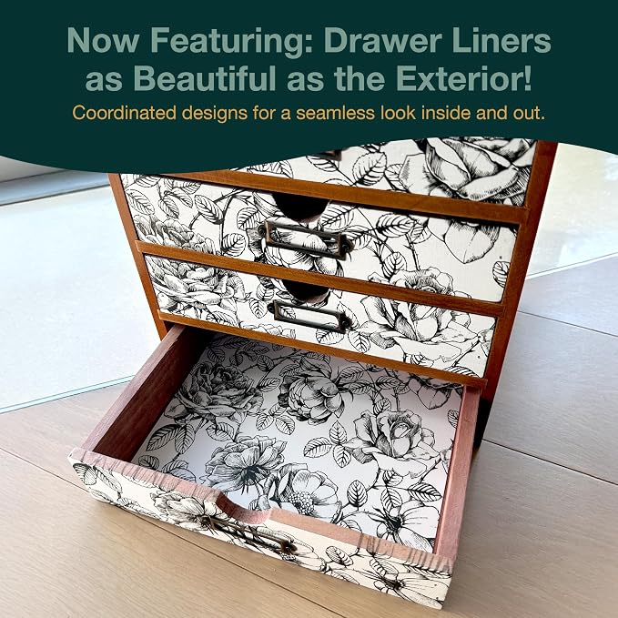 Vintage Desk Organizer with 4 Black & White Floral Drawers - Wooden Storage Shelf Drawer for Tabletop - Wood Desktop Organizing Box Cabinet - Black & White Monochrome Botanical Toile de Jouy - Image 3
