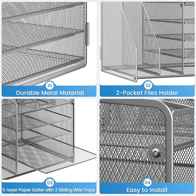 Lavatino 5-Tier Metal Mesh Desk Organizer with 2 File Holders & 7 Customizable Compartments | Paper Letter Tray for Office or Home Desk Storage | Keep Workspace Supplies Neat & Organized, Silver - Image 6
