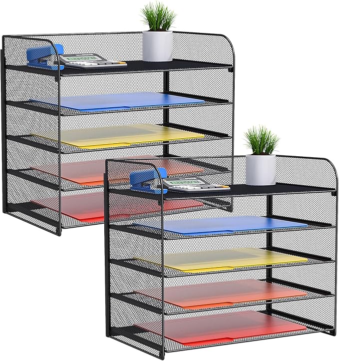 2 Sets 5-Tier Paper Organizer,Paper Tray Holder for Desk,File Holder/Sorter,Legal/Letter Size,A4,File Folder Shelf Organizer for Office,Home,Solid Steel,Mesh,Sturdy,Leakproof,Large Capacity by TOPCJ