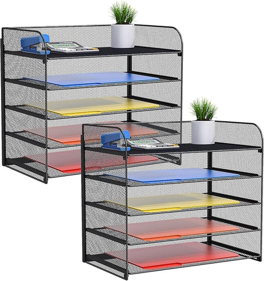 2 Sets 5-Tier Paper Organizer,Paper Tray Holder for Desk,File Holder/Sorter,Legal/Letter Size,A4,File Folder Shelf Organizer for Office,Home,Solid Steel,Mesh,Sturdy,Leakproof,Large Capacity by TOPCJ
