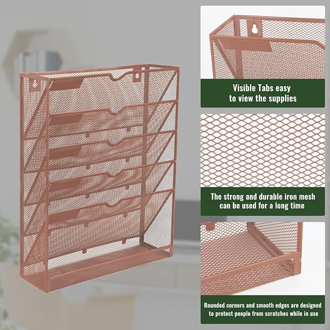 6 Tier Mesh Hanging Wall File Organizer, Desk Vertical Mail Paper Document Folder Holder Rack with Bottom Tray and Nametag Label for Office Home School, Brown - Image 4