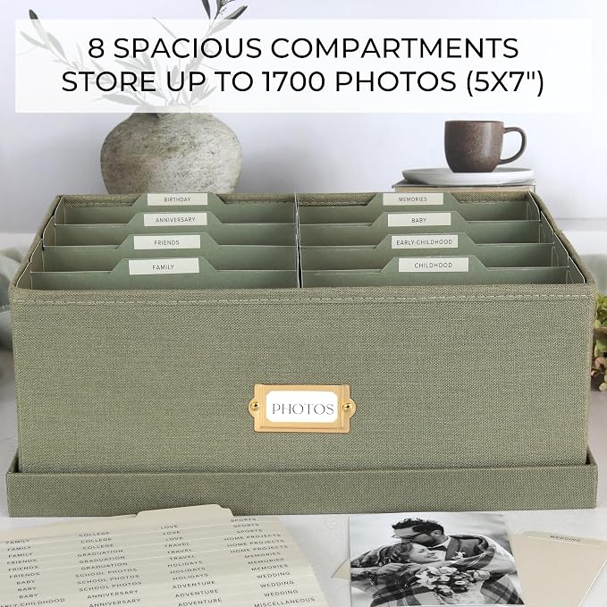 ZICOTO Decorative Photo Storage Box - Sturdy Linen Photo Organizer with Dividers is Perfect to Store Up to 1700 Pictures and 5x7 Photos - Portable Scrapbook Storage Containers with Lid - Image 5