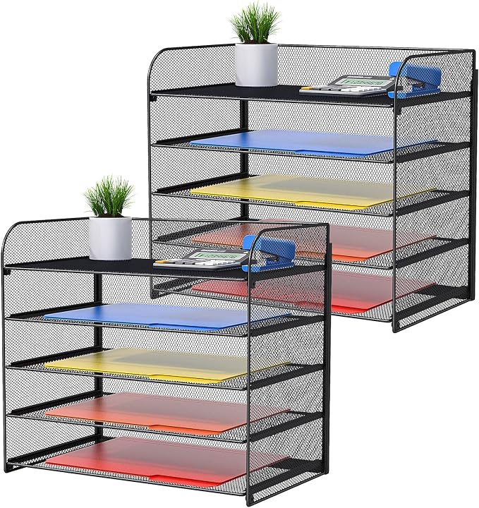2 Pack Legal/A4/Letter Size Desk Paper Organizer Desktop File Organizer Document Sorter, 5 Tier Mesh Letter Tray File Folder Holder Office Accessories Organization by Vanulee
