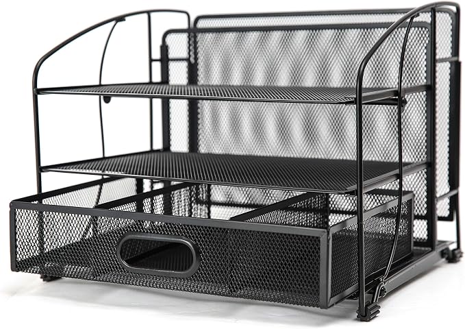 Exerz Mesh Desk Organiser Office Supplies 3 Trays/Desktop File Holder with Sliding Drawer and Hanging File Holder/Paper sorters/Vertical Upright Section for Office Home Multifunctional (Black New) - Image 3
