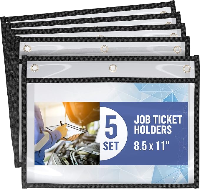 5 Pack Horizontal Job Ticket Holders - 8.5x11 Landscape Shop Ticket Holders - Work Order Plastic Sleeves for Documents - Dry Erase Pocket Sleeves by Juzari