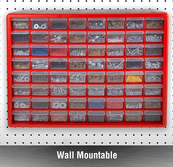 64-Drawer Storage Organizer - Plastic Drawers for Organization - Desktop or Wall-Mounted Container for Hardware, Tools, and Beads by Stalwart (Red) - Image 5