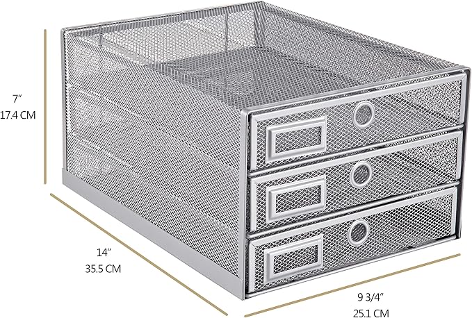 Annova Desk Organizer Wire Mesh 3 Tier Sliding Drawers Paper Sorter/Multifunctional/Premium Solid Construction for Letters, Documents, Mail, Files, Paper, Kids' Art Supplies (Silver) - Image 2
