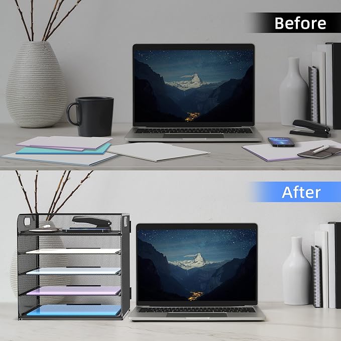 5 Trays Paper Organizer Letter Tray with Handle-Mesh Desk File Holders, Paper Sorter Desk Organizer for Office, Home, Classroom or School - Image 4