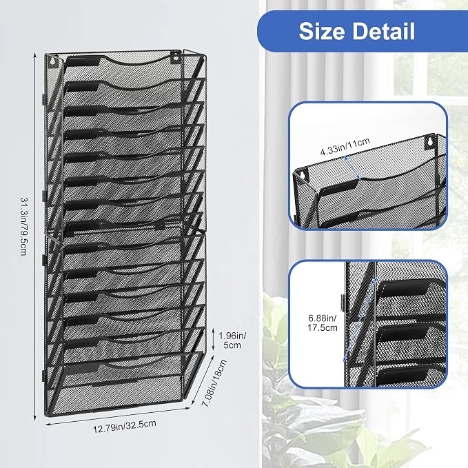 EasyPAG Wall File Organizer for Office 14 Pocket Mesh Wall Mounted Paper Organizer Hanging Folder Holder with Nametag Label for Home School, Black - Image 8