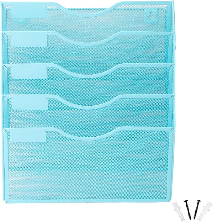 5 Pocket Mesh Hanging Wall File Organizer, Wall Mounted Mail Paper Document Folder Holder, Clipboard Storage Organization Magazine Rack with Nametag Label for Office Home School, Blue - Image 5