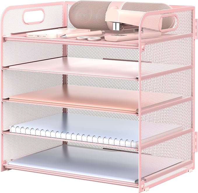 Sinboun Letter Tray Paper Organizer 5-Tier Desk Organizer File Organizer Paper Holder with Handle, Metal Desktop Document Shelf Tray Office Classroom Organization - Pink, PK5CENGTISHOU by Sinboun