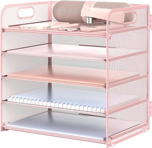 Sinboun Letter Tray Paper Organizer 5-Tier Desk Organizer File Organizer Paper Holder with Handle, Metal Desktop Document Shelf Tray Office Classroom Organization - Pink, PK5CENGTISHOU by Sinboun