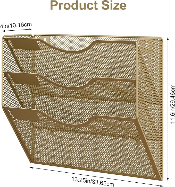 EasyPAG 3 Pocket Mesh Wall File Organizer, Hanging Paper Folder Holder with Classify Label, Vertical Wall Mount Mail Organizer for Office Home Classroom, Gold - Image 6