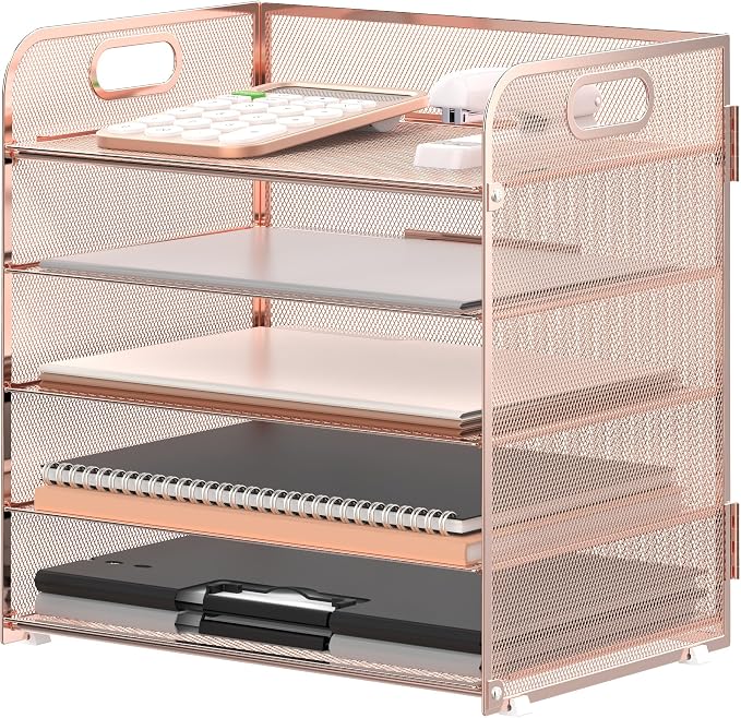 5 Trays Paper Organizer Letter Tray with Handle-Mesh Desk File Organizer, Paper Sorter Desk Organizer for Office, Home or School (Rose Gold) by SUPEASY