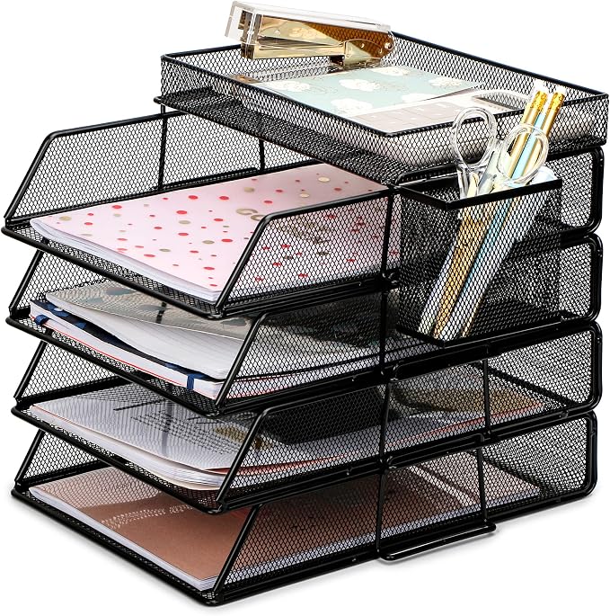 EXERZ Paper Trays Stackable 6pcs including 4 x Sorters, 1 x Top Tray,1 x Side Basket - Metal Desk Organiser/File Holder - Office, School by Exerz