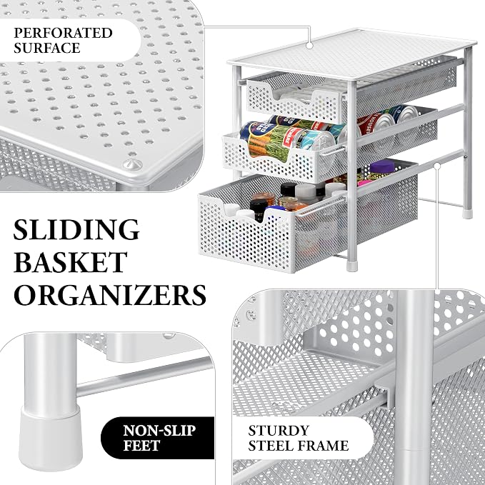 Simple Houseware 3 Tier White Alloy Steel Sliding Basket Organizer Drawer Cabinet | 3 Tier White Alloy Steel Sliding Basket Organizer Drawer Cabinet - Image 4