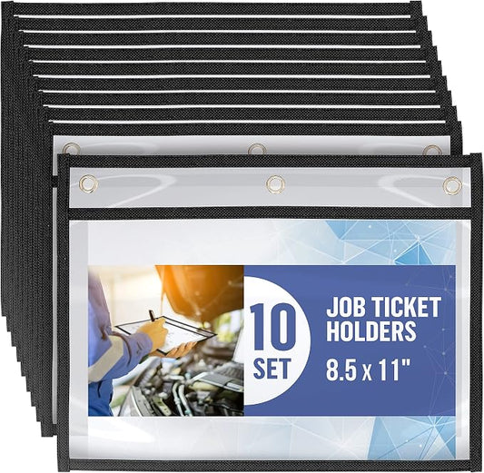 10 Pack Horizontal Job Ticket Holders 8.5x11 - Landscape Shop Ticket Holders 8 1/2 x 11 - Work Order Plastic Sleeves for Documents - Dry Erase Pocket Sleeve - Dry Erase Sleeves Clear Pocket Sleeve by Juzari