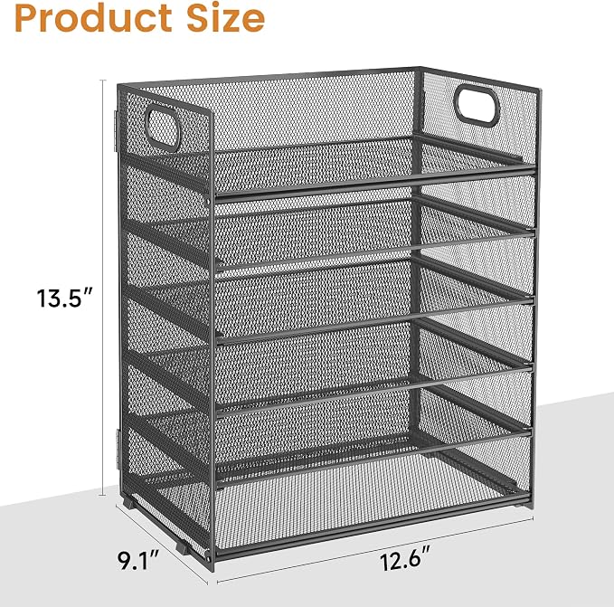 Subekyu 6 Tier Paper Organizer for Desk with Handle, Metal Mesh Desk Office File Folder Paper Letter Tray Accessories Organizer Sorter for Home, School, Office Desktop Document Organization - Gray - Image 6