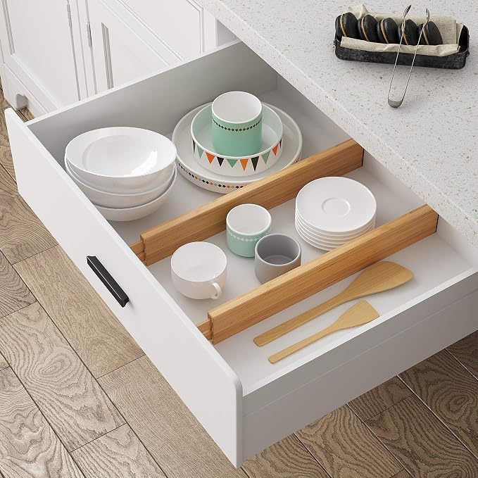 BAMEOS Bamboo Expandable Drawer Dividers – Fits 16.6"–22" Drawers, 2" High, Set of 4 | Spring-Loaded Bamboo Separator for Kitchen Island, Bathroom Vanity & Dresser Drawers - Image 3