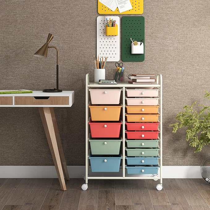GOFLAME 15-Drawer Rolling Storage Cart, Craft Storage Cart with Removable Drawers & Lockable Wheels, Art Cart Supply Storage Organizer for Home Office Classroom, Macaron Color - Image 2