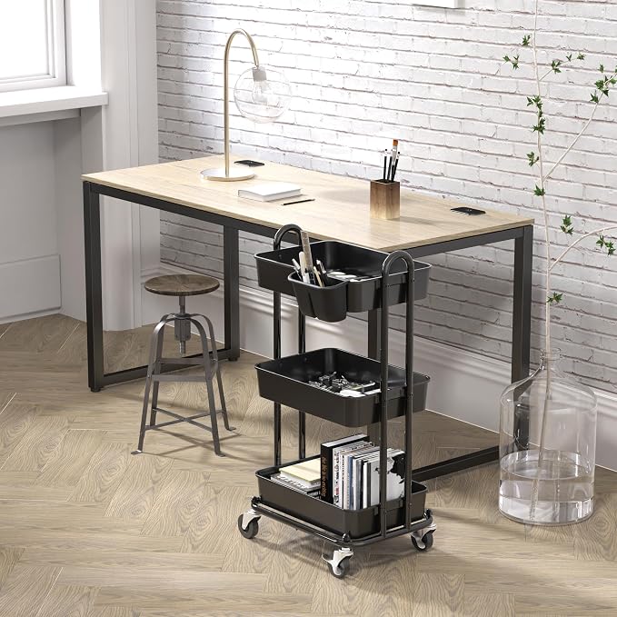 Simple Houseware 3-Tier Rolling Utility Cart with Hanging Bucket, Black | Storage for Bathroom, Kitchen, Office, Study Room, Nursery Diaper - Image 4