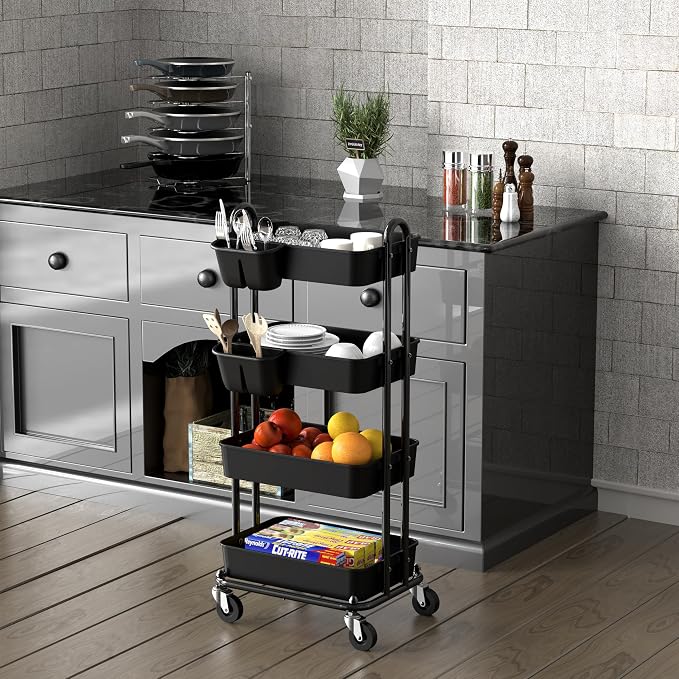 Simple Houseware 4-Tier Rolling Utility Cart with Hanging Bucket, Black | Storage for Bathroom, Kitchen, Office, Study Room, Nursery Diaper - Image 3