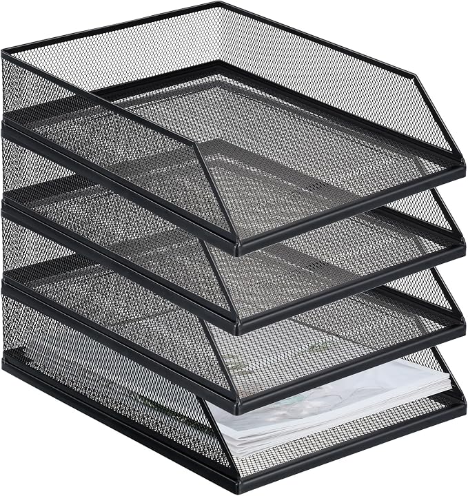 Hicarer 4 Pcs Black Metal Letter Tray Stackable Desk Tray Single Wire Mesh Organizer Front Load File Paper Holder for Desktop Office Home School Classroom (12.8 x 9.84 Inch) by Hicarer