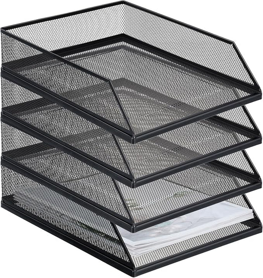 Hicarer 4 Pcs Black Metal Letter Tray Stackable Desk Tray Single Wire Mesh Organizer Front Load File Paper Holder for Desktop Office Home School Classroom (12.8 x 9.84 Inch) by Hicarer