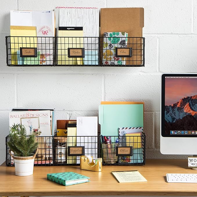 Amalfi Hanging File Folders Office Desk Organizer Wall Mount Wire Basket Storage Magazine Holder 3 Sectional Set of 2 Black - Image 2