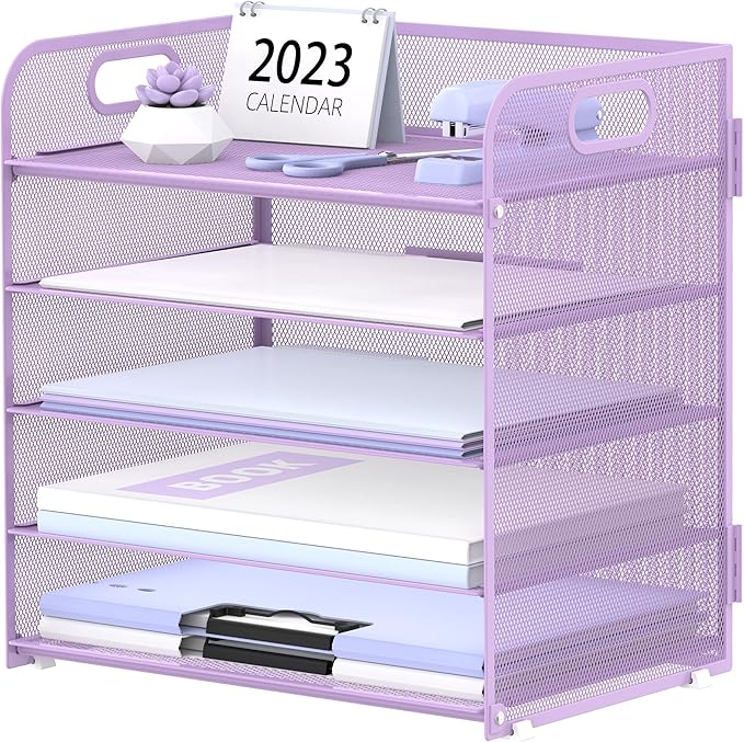 5 Trays Paper Organizer Letter Tray with Handle-Mesh Desk File Holders, Paper Sorter Desk Organizer for Office, Home, Classeoom or School, Purple by SUPEASY