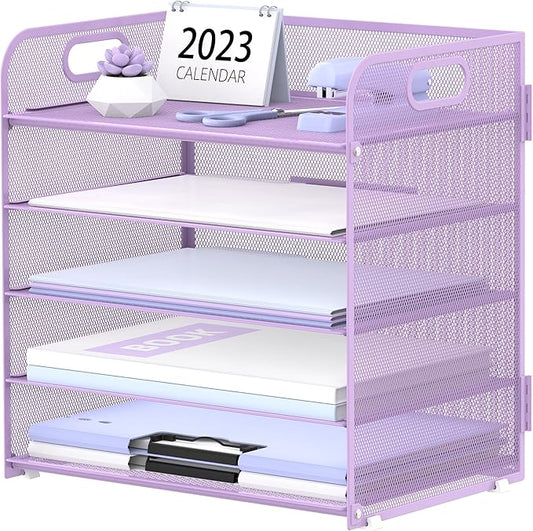 5 Trays Paper Organizer Letter Tray with Handle-Mesh Desk File Holders, Paper Sorter Desk Organizer for Office, Home, Classeoom or School, Purple by SUPEASY