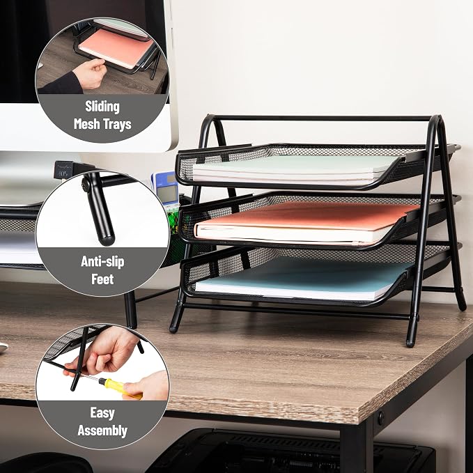 Mind Reader 3-Tier Paper Tray, Desktop Organizer, File Storage, Office, Metal Mesh, 11.75" L x 13.75" W x 10" H, Set of 2, Black - Image 4
