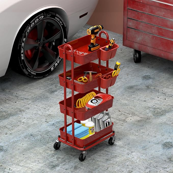 Simple Houseware 4-Tier Rolling Utility Cart with Hanging Bucket, Red | Storage for Bathroom, Kitchen, Office, Study Room, Nursery Diaper - Image 5