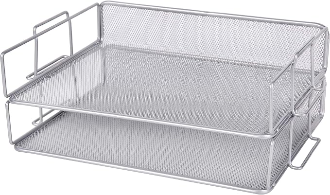 EXERZ Letter Trays 2pcs Stackable Paper Sorter/Desk File Tray/Desk Organizer - Metal Rack - Office, School, Home(Silver Grey Colour) | Two Tier Metal Mesh Stackable Saves Desk Space Holds A4 Papers Folders Notebooks Magazines For Office Home School by Exerz