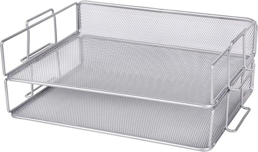 EXERZ Letter Trays 2pcs Stackable Paper Sorter/Desk File Tray/Desk Organizer - Metal Rack - Office, School, Home(Silver Grey Colour) | Two Tier Metal Mesh Stackable Saves Desk Space Holds A4 Papers Folders Notebooks Magazines For Office Home School by Exerz
