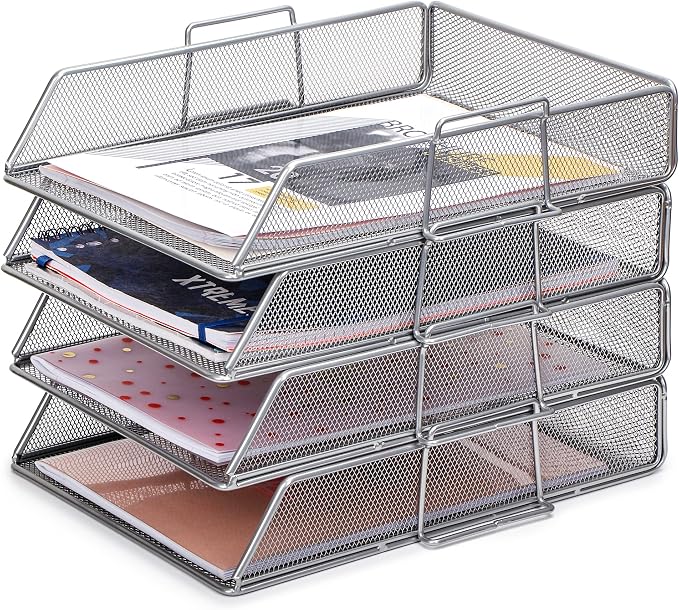 EXERZ Paper Sorter 4pcs Tier Stackable A4 Desk Organiser Letter Tray Silver | Durable Metal Mesh Holds Papers Files Folders Notebooks And Magazines For Office Home Study Classroom Desks by Exerz