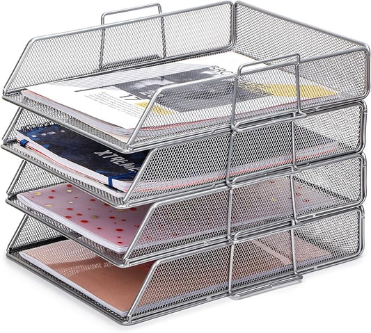 EXERZ Paper Sorter 4pcs Tier Stackable A4 Desk Organiser Letter Tray Silver | Durable Metal Mesh Holds Papers Files Folders Notebooks And Magazines For Office Home Study Classroom Desks by Exerz