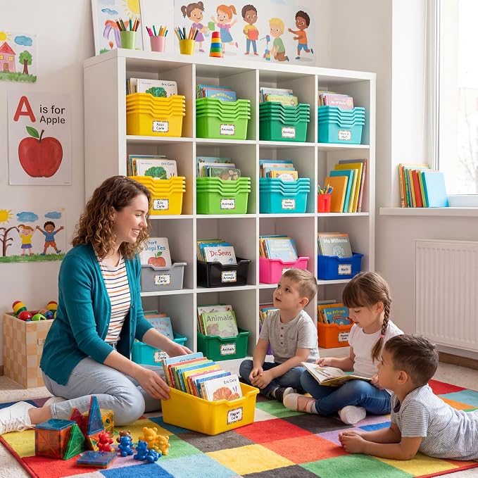 36 Pcs Plastic Book Bins for Classroom Library Colorful Scoop Front Cubby Bins Stackable Toy Storage Containers with Handles for School Home Office Nursery Daycare (Bright Color) - Image 6