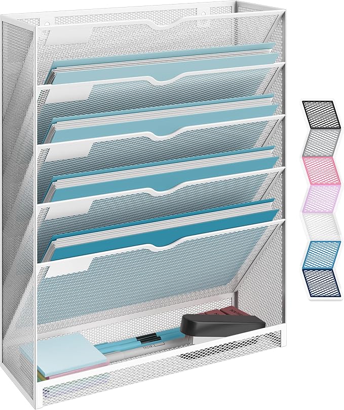 NEATERIZE Item Container, Mail Organizer for Wall, Mesh Hanging File Organizer, For Papers, Folders, Files Clipboard & Magazine Organization - Home, Office Classroom Or Doctor, Metal, White by Neaterize