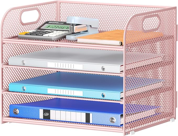 4-Tier Paper Organizer for Desk With Handle, Mesh Desktop File Tray, Office Classroom Organization and Storage - Pink by Lavatino