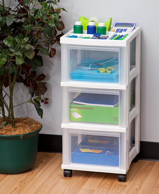 IRIS USA 3-Drawer Rolling Storage Cart, White/Clear | Keep craft supplies, office essentials, classroom items, and accessories organized with easy-access drawers for daily use - Image 2