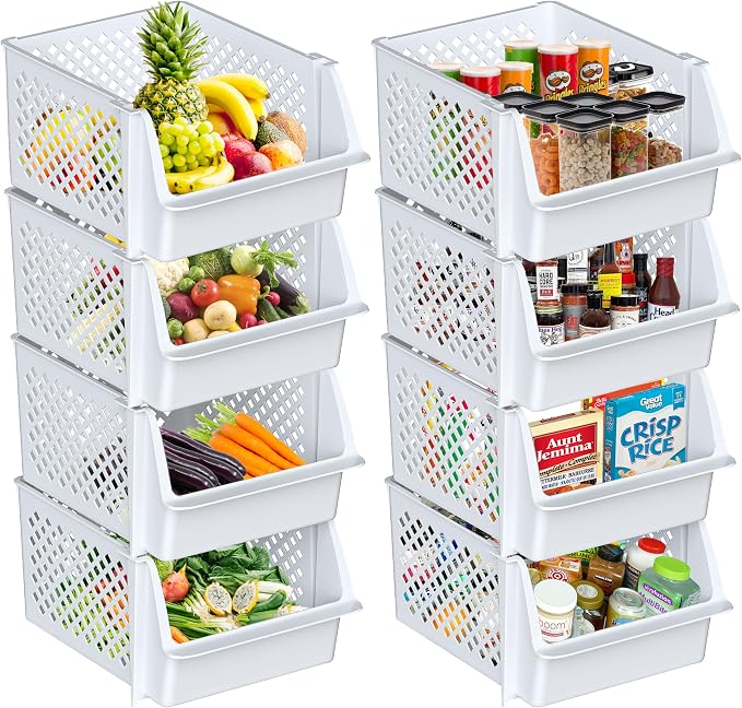 Skywin Stackable Storage Bins Open Front for Pantry Storage, 8 Pack - White | Sturdy Plastic, Easy Stacking, Open Front Access, Ventilated Sides, Vertical & Space Saving Pantry Organizers and Storage Bin by Skywin